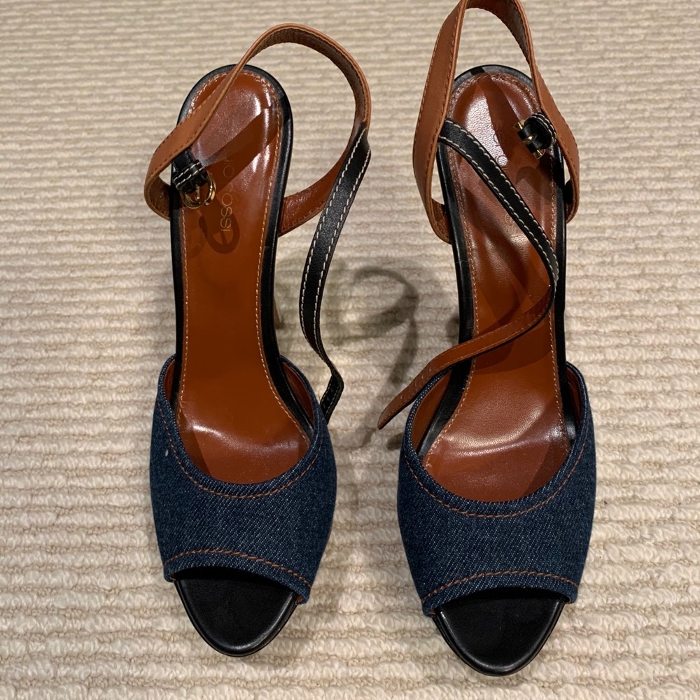 Sergio Rossi denim and chrome spike high heels